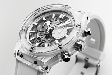 elegant analog mechanical watch with transparent case close up. Luxurious beautiful white watch on...