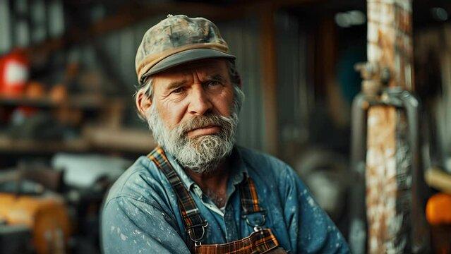 Slow motion portrait pushing towards a old Caucasian farmer with beard wearing a baseball cap standing in front of his farm equipment. American Hard Work Motif. 