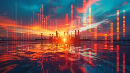A creative composite image featuring an industrial skyline at sunset overlaid with a glowing digital financial bar graph reflecting on water.