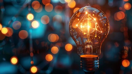 A classic light bulb glows vibrantly against a bokeh background with warm and cool light spots.