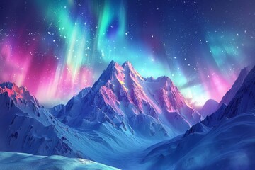 Mystical Aurora over Snowy Mountain Peaks - Vibrant Digital Art Illustration of Northern Lights