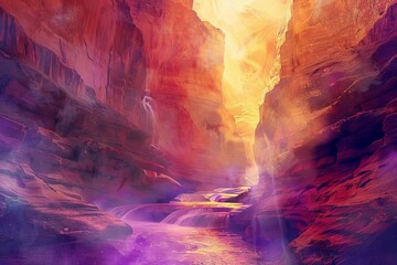 Mystical Canyon Echoes, Digital Painting of a Grand Canyon with Ethereal Light and Shadow Play - obrazy, fototapety, plakaty