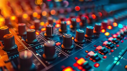 Close-up of a sound mixing console with illuminated buttons and sliders in a music production studio environment. - obrazy, fototapety, plakaty