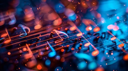 Abstract artistic representation of musical notes with vibrant blue and orange light particles, evoking a sense of rhythm.