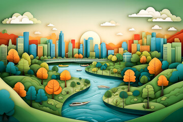 Landscape with the eco friendly  city, river and green space 