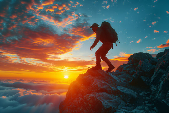 Mountaineer Trekking at Sunrise on Rocky Summit