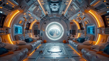 Inside a futuristic spacecraft, a well-equipped cabin with a view of Earth through the main window, symbolizing space exploration.