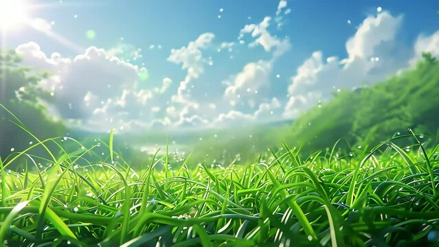 Green grass and blue sky animated footage