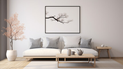 A 3D illustration that casts a mock-up poster frame as the focal point in a serene, modern living room, designed with the hallmark minimalism of Scandinavian aesthetics. - obrazy, fototapety, plakaty
