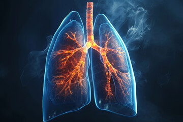 Lung anatomy of the human respiratory system with space for text or inscriptions. Human lungs with smoke, smoking cigarettes - obrazy, fototapety, plakaty