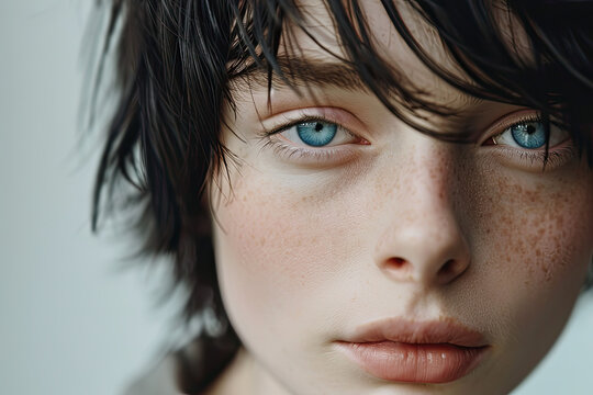 portrait of young androgynous woman with blue eyes and black hair