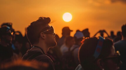 A crowd of people watching the solar eclipse wearing protective glasses - obrazy, fototapety, plakaty