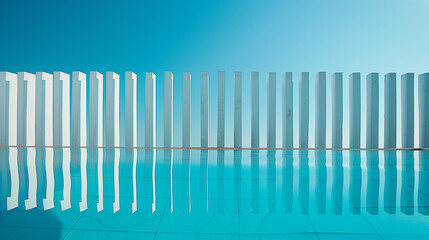 series of white vertical bars set against a clear blue background, which is reflected on a surface below, creating a symmetrical pattern
