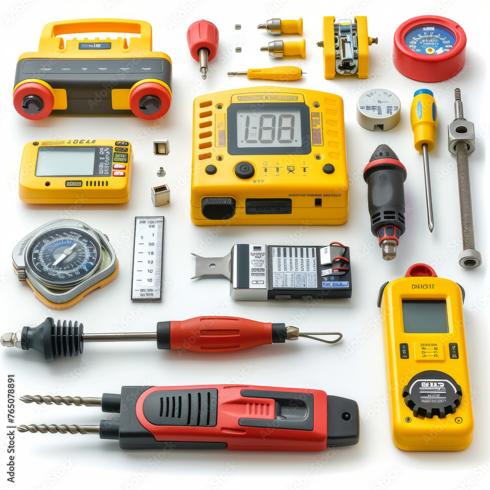 Poster various electrician tools and electronic testing devices arranged neatly on a white background.