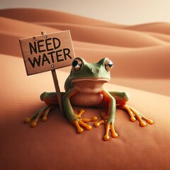 A frog in the desert holding a sign that says "NEED WATER".