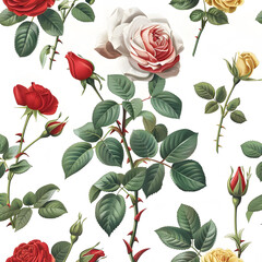 This illustration features a seamless pattern of red and yellow roses, members of the flowering plant species in the rose family. The intricate design showcases the beauty of these botanical wonders