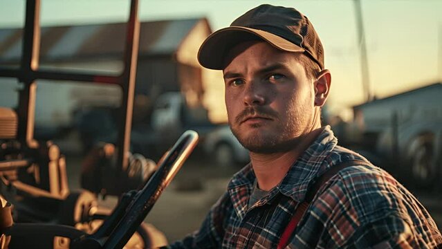 Slow motion portrait pushing towards a middle aged Caucasian farmer wearing a baseball cat standing in front of his farm equipment at sunrise. American Hard Work Motif. 