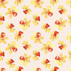 Seamless pattern of yellow-orange daffodils on a beige background. Summer design, spring daffodils.