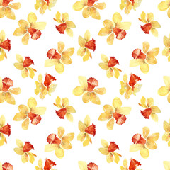 Seamless pattern of yellow-orange daffodils on a white background. Summer design, spring daffodils.