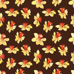 Seamless pattern of yellow-orange daffodils on a black background. Summer design, spring, yellow daffodils.