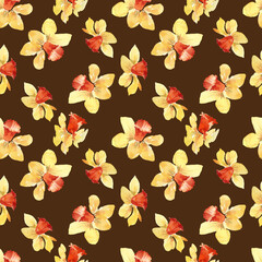 Seamless pattern of yellow-orange daffodils on a black background. Summer design, spring, yellow daffodils.
