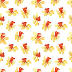 Seamless pattern of yellow-orange daffodils on a white background. Summer design, spring daffodils.