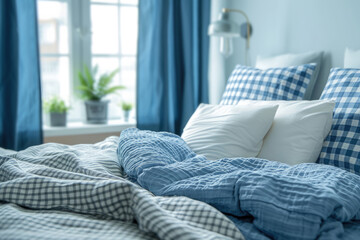 closeup of bed with blue and white checkered pillows and blanket