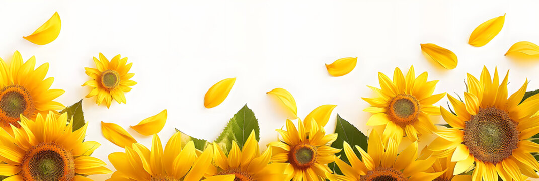 Vibrant sunflower border isolated on white background, bright yellow petals, copy space.