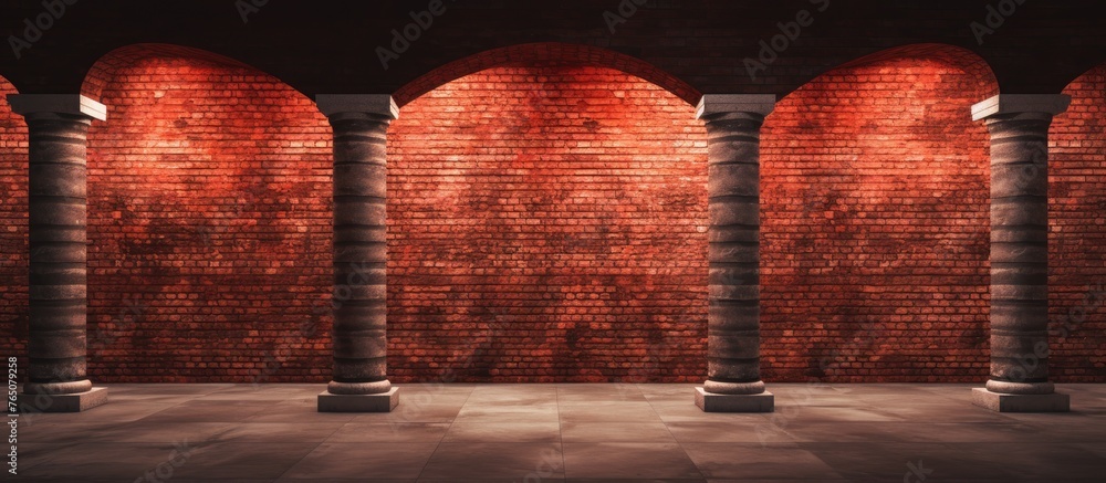 Poster an image showing a brick wall with supporting columns under a bright spotlight
