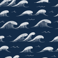 Sea waves seamless pattern. Doodle vector background - 765079259