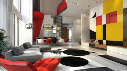 New design grey living room with colorful details and window