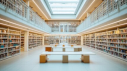A softly blurred image of a library interior, featuring rows of bookshelves, reading tables, and a peaceful study atmosphere. A library with blurred outline. Resplendent.