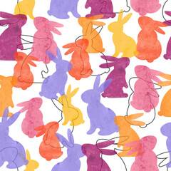 Colorful watercolor bunny pattern. Seamless vector background with rabbits silhouettes