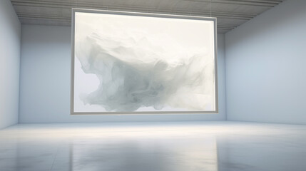 A large, borderless plexiglass frame suspended in front of a white-washed wall, giving the illusion of floating artwork in a modern gallery setting.