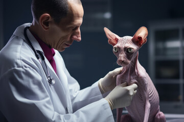 Veterinarian examining a cat in protective gloves and a white robe with space for text or inscriptions
