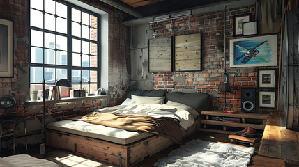 Industrial-style bedroom with a brick-textured wall and built-in hidden storage under the window bench