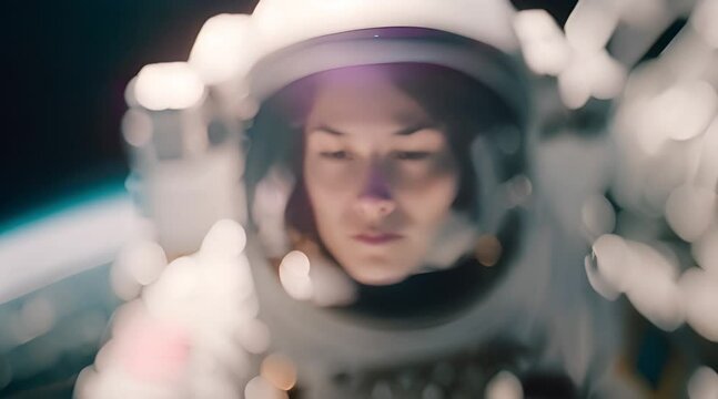 close up portrait of woman in astronaut suit gear