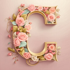 A floral letter “C”  with roses and leaves, soft pink  background