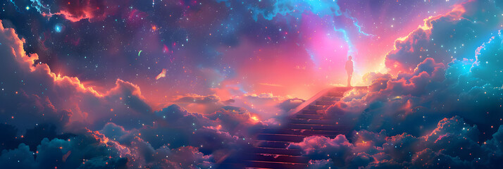 Stairway to heaven in vibrant celestial dreamscape. - obrazy, fototapety, plakaty