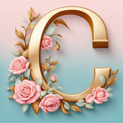 A floral letter “C”  with roses and leaves, soft pink  background