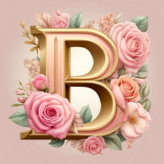 A floral letter “B”  with roses and leaves, soft pink  background
