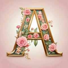 A floral letter “A”  with roses and leaves, soft pink  background