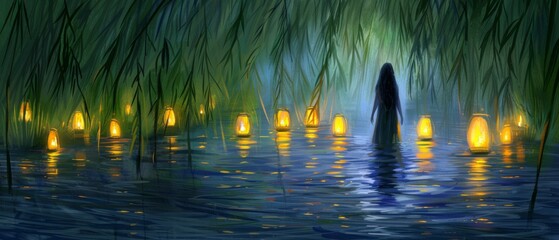  A depiction of a female figure positioned on a tranquil body of water, encircled by aquatic vegetation and illuminated by floating wax torches - obrazy, fototapety, plakaty