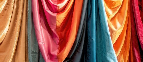 A vibrant and multicolored curtain hanging with hues of red, orange, yellow, green, blue, and purple, adding a lively touch to the room