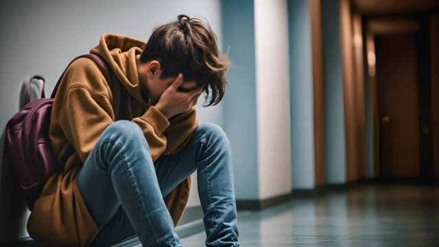 A depressed teenage boy sitting in school corridor and crying. Social inequality bullying problem. Social inequality problem. Schoolchildren baiting. Generative AI