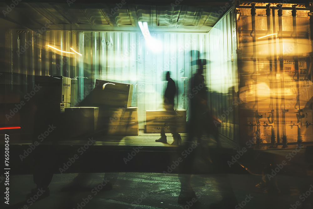 Poster an abstract image of movers unloading boxes from a container truck at night