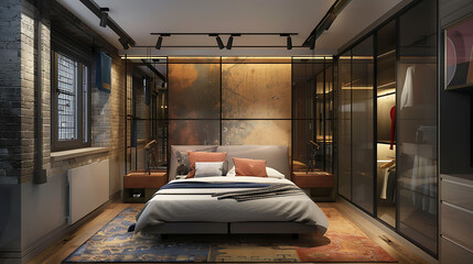 Industrial-style bedroom with a fabric-paneled wall concealing hidden storage cabinets - obrazy, fototapety, plakaty