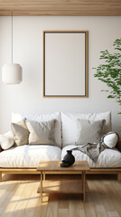A pristine white frame mockup stands central in a farmhouse-style living room, with cozy textiles and natural wood accents, captured in a 3D render.