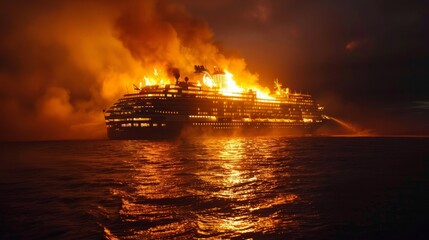 Fototapeta premium Cruise ship in fire at open sea. Luxury cruise. Floating liner emergency situation. Extinguishing fire from firefighting boat.