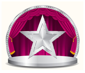 vector siver star on circle stage with pink curtain - 765080417